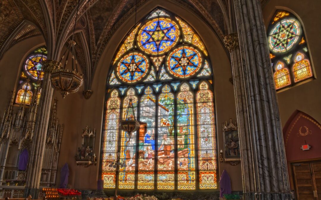 Interior detail of Sweetest Heart of Mary Catholic Church, Canfield & Russell, Detroit; Spier & Rohns, architects; stained glass designed and fabricated by Detroit Stained Glass Works; built 1893
